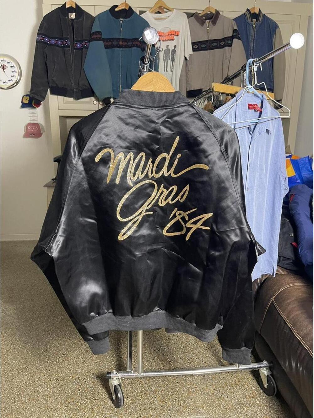 Vintage 1984 Diamond Dust Mardi Gras Satin Bomber Jacket Mens XL